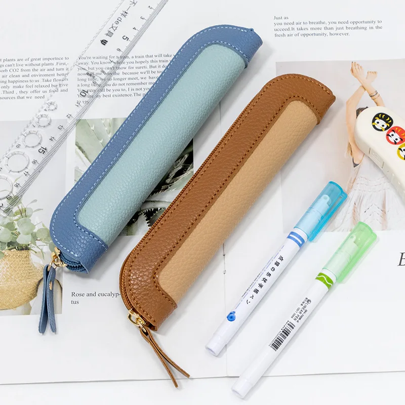 Korean Style Color Matching Small Fresh PU Leather Pencil Bag Portable Stationery Case for Students Signature Pen Storage Box