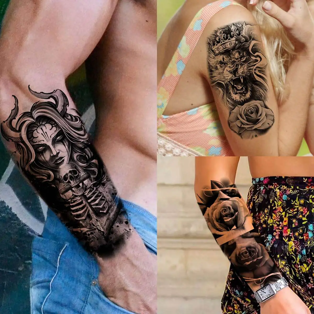 63 Sheets Black Lion Wolf Temporary Tattoos For Women Men Arm Fake Tiger Tattoo Sticker Scary Skull Skeleton Tatoos Owl Flower