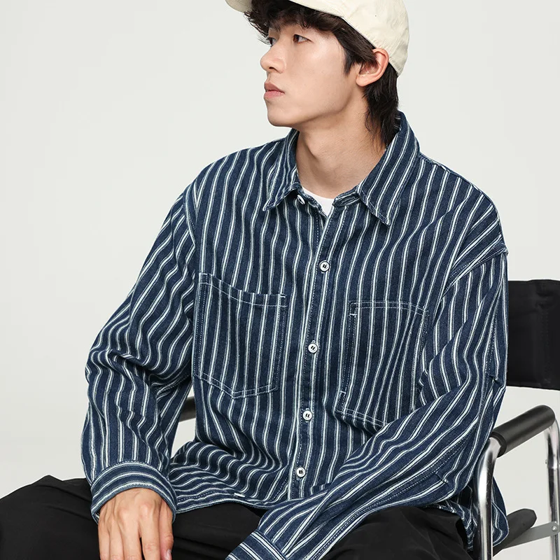 Goede kwaliteit Amerika stijl vintage gestreept denim shirt voor mannen lente herfst mode lange mouw losse casual blouse jas mannelijk