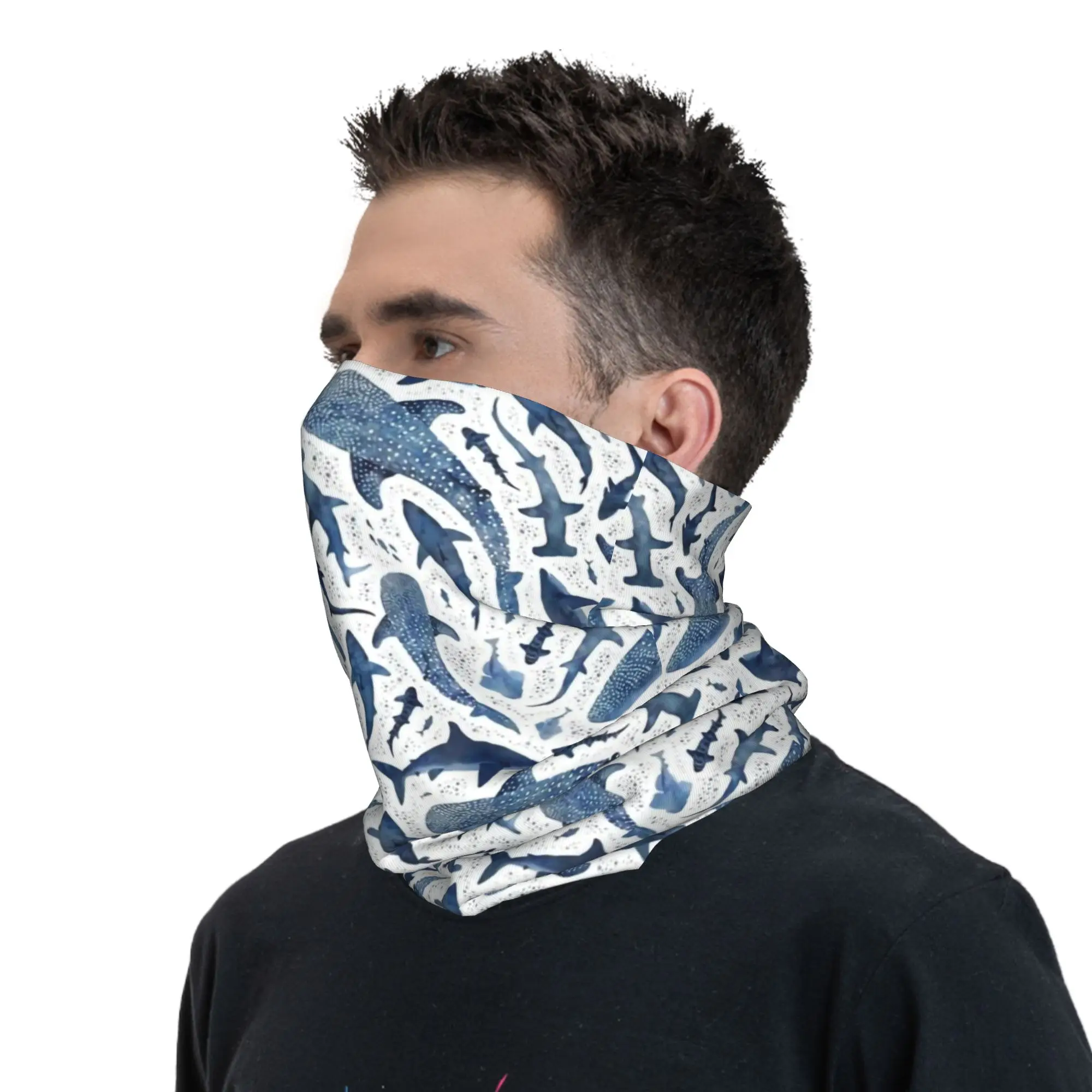 Custom Blue Watercolour Shark Bandana Neck Gaiter Windproof Face Scarf Cover Men Women Cartoon Fierce Headwear Tube Balaclava view 6