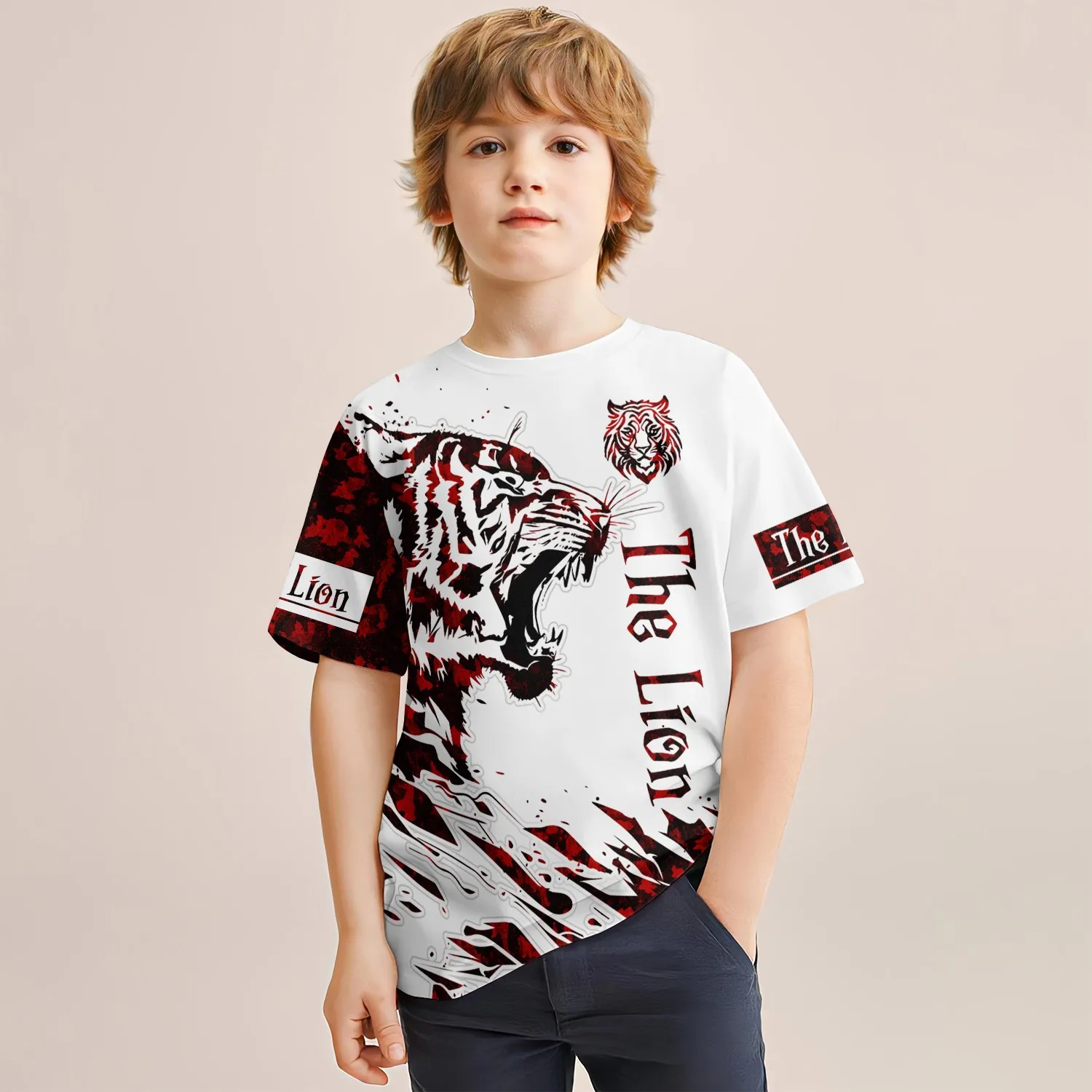 Fashion Style Children's Lion 3d Printed Top Kids Summer Loose Short-Sleeved 4-14 Year Old Boys Girls Teenagers Casual Clothes