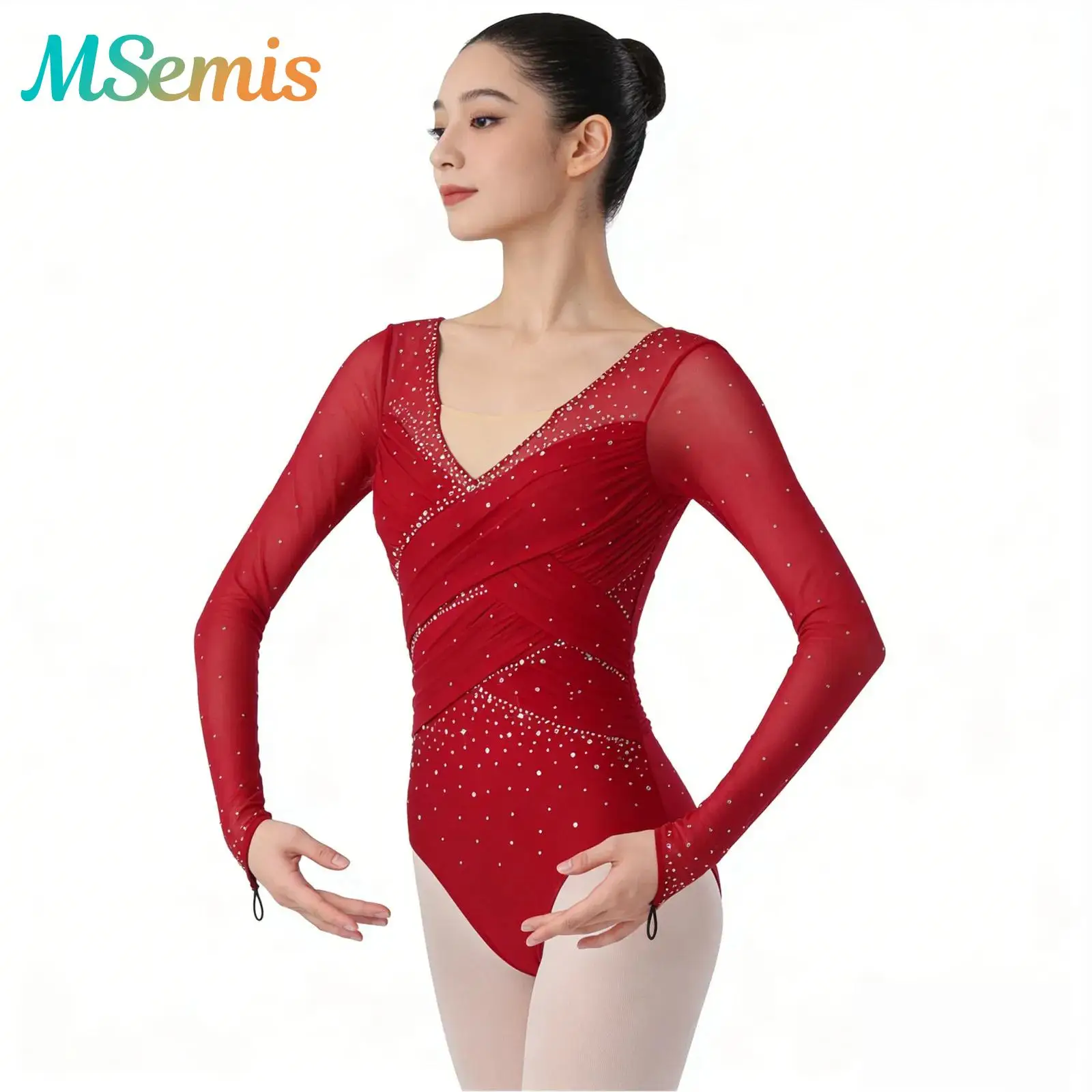 

Womens Mesh Long-sleeved Gymnastics Ballet Leotard Jumpsuit Rhinestone Ruched Mesh Buttoned Crotch Bodysuit Performance Costume