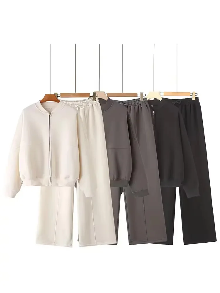 2024 Autumn Women\'s Thick Hoodie Coat + Drawstring High Waist Loose Casual Pants Set Lined Fleece Woman\'s Clothing Street