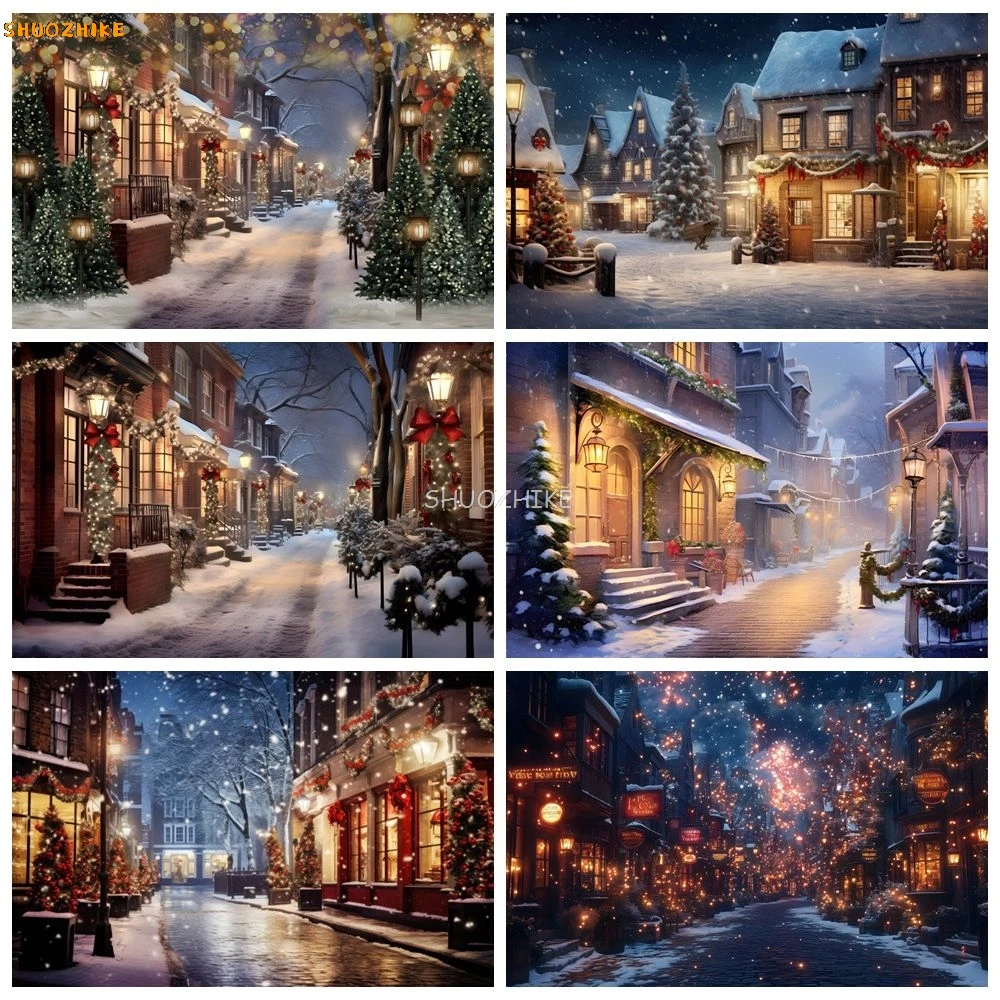 

Winter Christmas Town Backdrop Street Lamp Shope Village House Kids Portrait Photography Background Decor Photo Studio Props