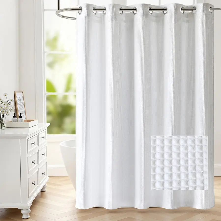 

Waffle No Hooks Shower Curtain with Snap in Liner,Cotton Blend Fabric Shower Curtain for Bathroom,Hotel Quality,White,71 Wx 74 L