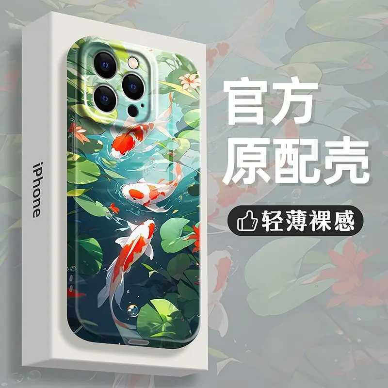 For IPhone 15 Phone Case New Iphone 14 Promax Koi Lotus Pond 13/12 Chinese Style Xsmax Film Case Xr