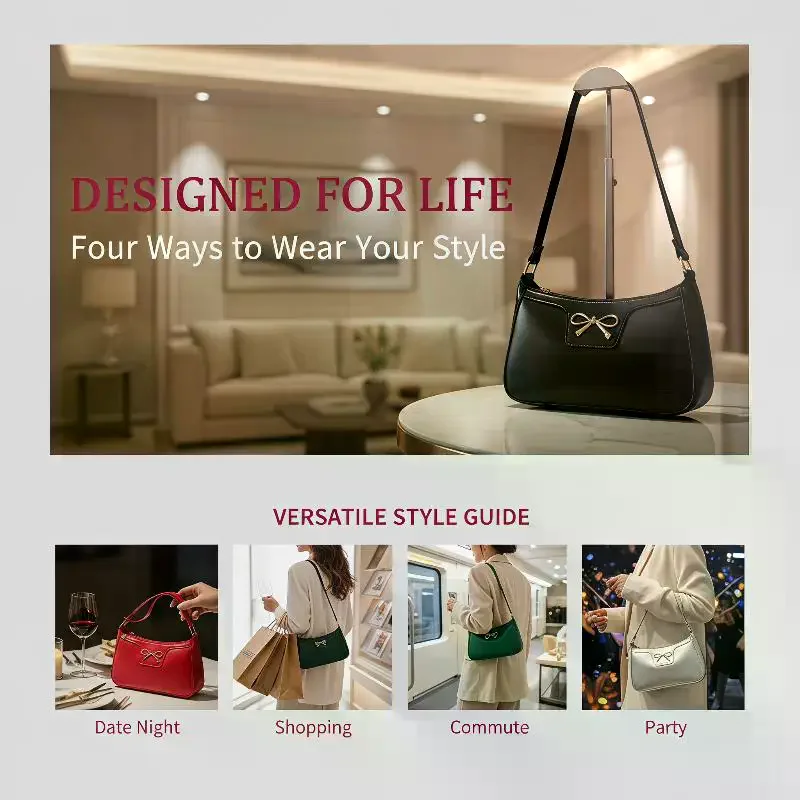 PU Leather Underarm Shoulder Bag With Sweet Bow Decor Various Color Choices For Daily Shopping Casual Outings Weekend Trips