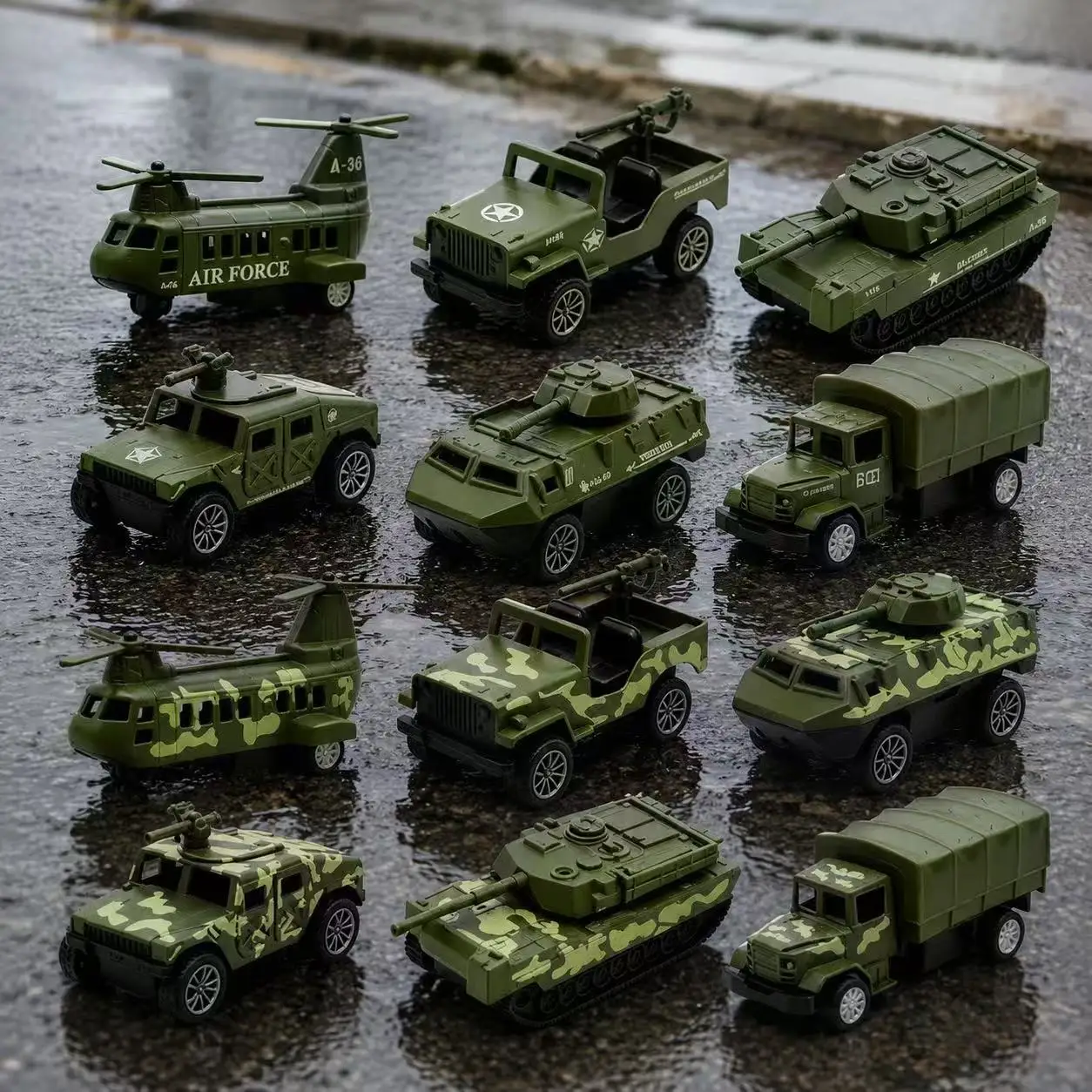 12-teiliges Druckguss-Militärfahrzeug-Modellset Tarnfarbene LKW-Spielzeuge mit Präsentationsbox für Kinder