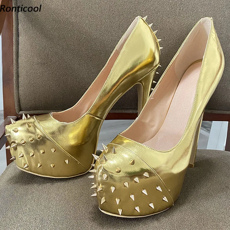 Ronticool Women Punk Pumps Sexy Rivets Stiletto Heels Round Toe Pretty Gold Silver Night Club Wear Shoes Women US Plus Size 5-20