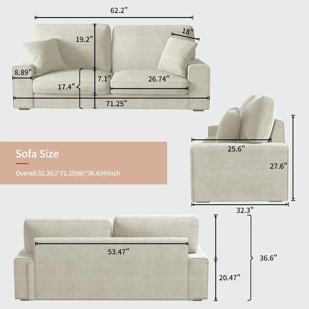 loveseat Sofa,Removable Sofa Cover Space Spring Cushions and Solid Wood Frame, Easy to Install (71.25inch，Beige)