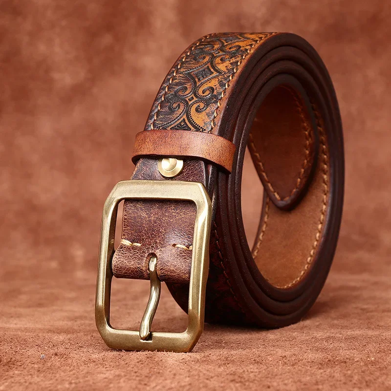 3.8CM Thickened Italian Pure Cowhide High Quality Genuine Leather Belts for Men Carving Strap Male Brass Buckle Jeans Cowboy