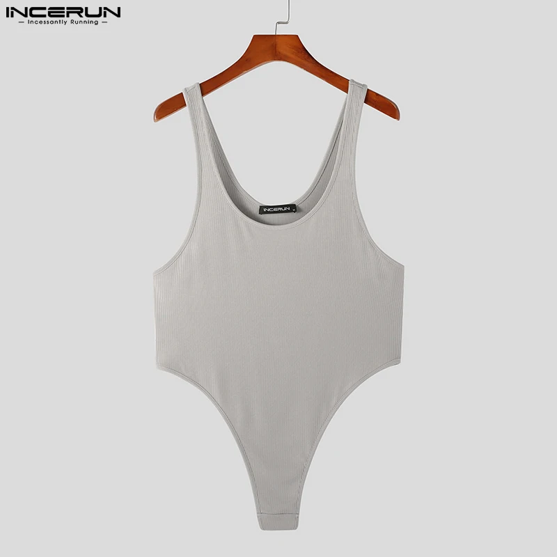 INCERUN Men Bodysuits Solid Color O-neck Sleeveless Sexy Pajamas Skinny 2023 Cozy Male Rompers Summer Underwear Bodysuit S-5XL