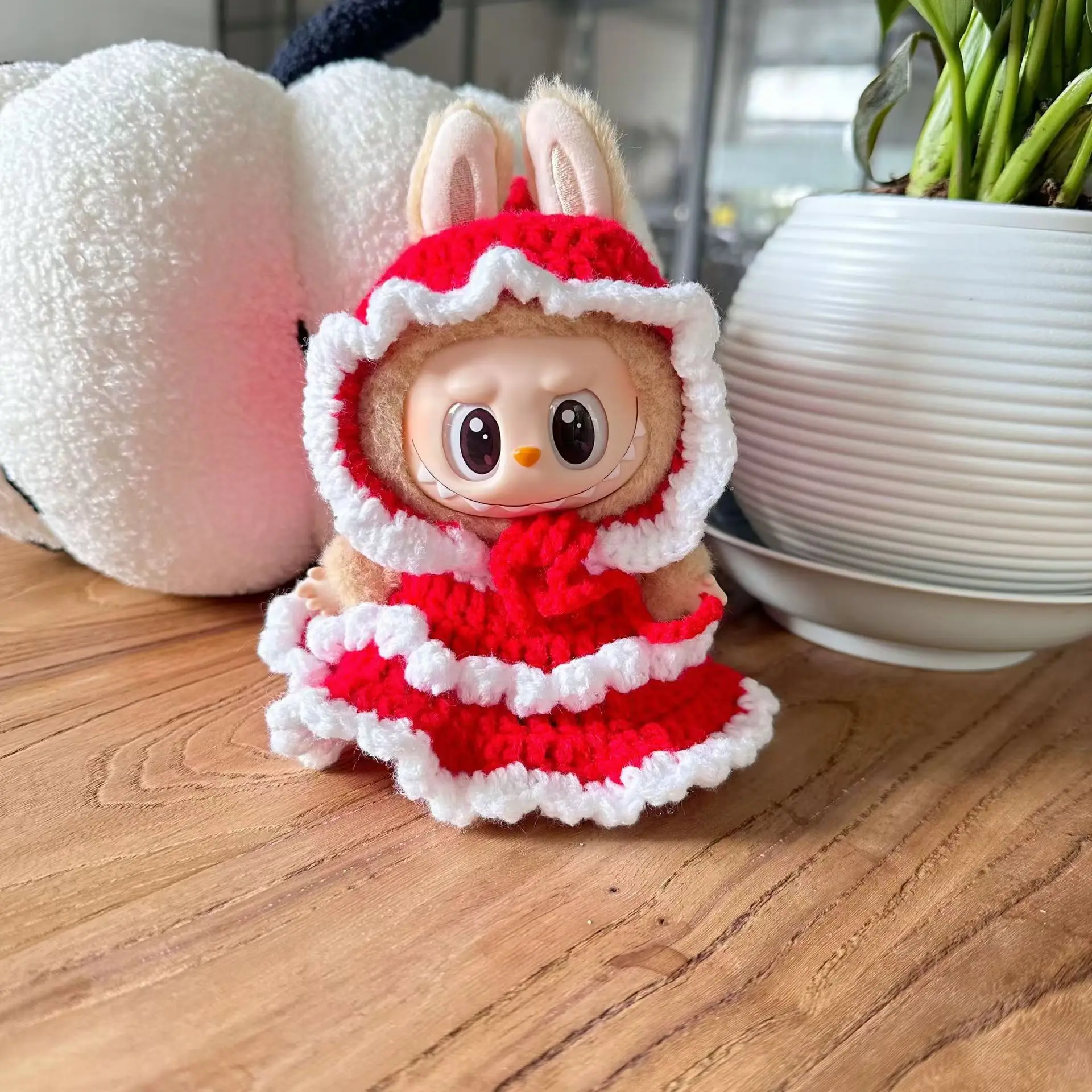 

17cm Labubu II Handmade Bow Red Dress Idol Dolls Sitting Party Cute Plush Doll'S Clothes Clothing Accessories For Korea Kpop Exo