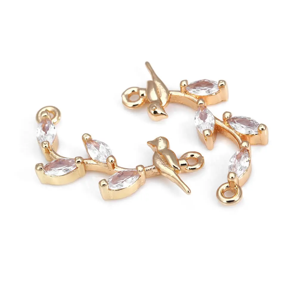 10PCS 18K Gold Color Brass and Zircon 2 Holes Branches and Bird Connect Charms Pendants Diy Jewelry Making Necklace Accessories