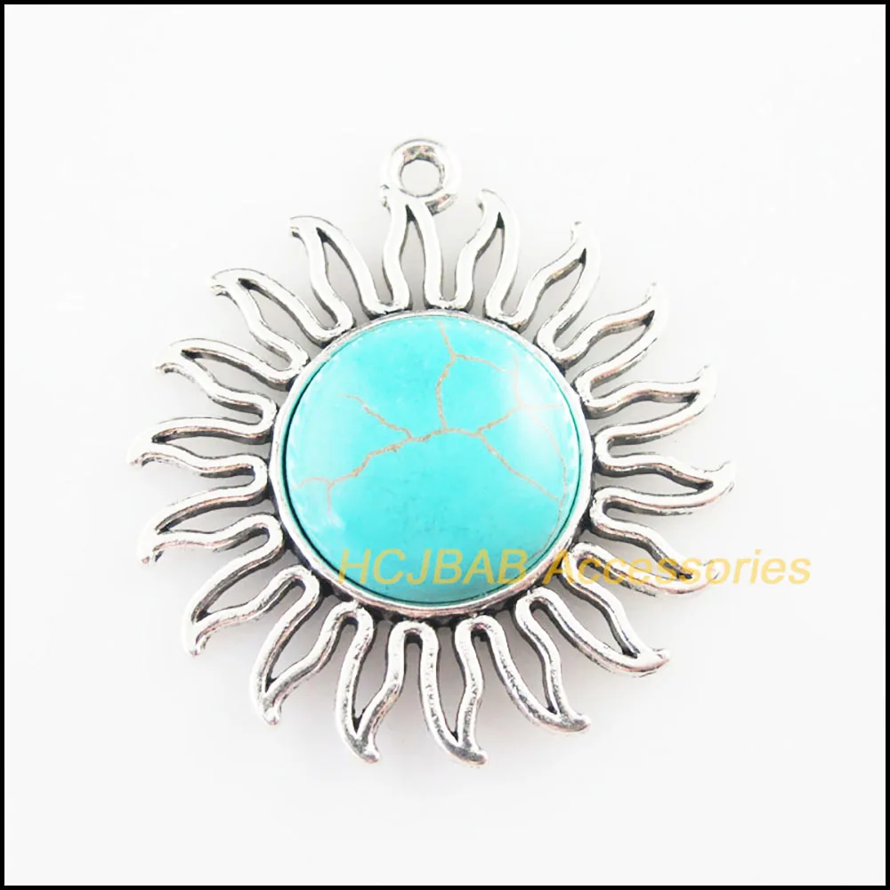 2Pc Retro Tibetan Silver Sun Flower Charms Pendants 42.5x46mm