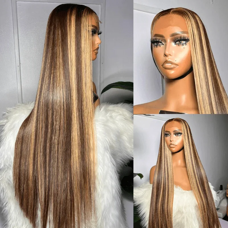 P4/27 Blonde Braun Wig13x6 Spitze Frontal Perücke Farbige Menschliches Haar Für Frauen 13x4 HD Highlight Ombre gerade Welle Perücken Echthaar
