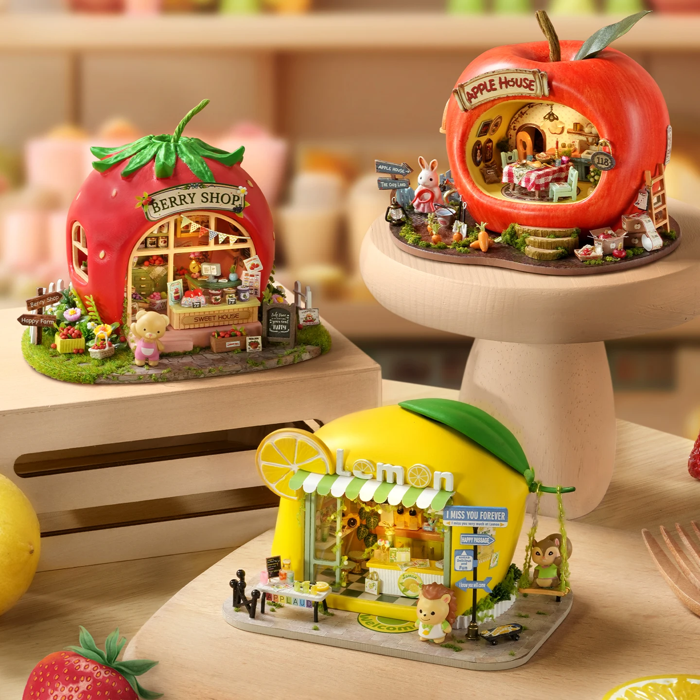 

DIY деревянные мини-Мир Casa наборы миниатюрных моделей фруктовый городок с мебелью светодиодные фонари цветок кукольный домик для друзей подарки на день рождения