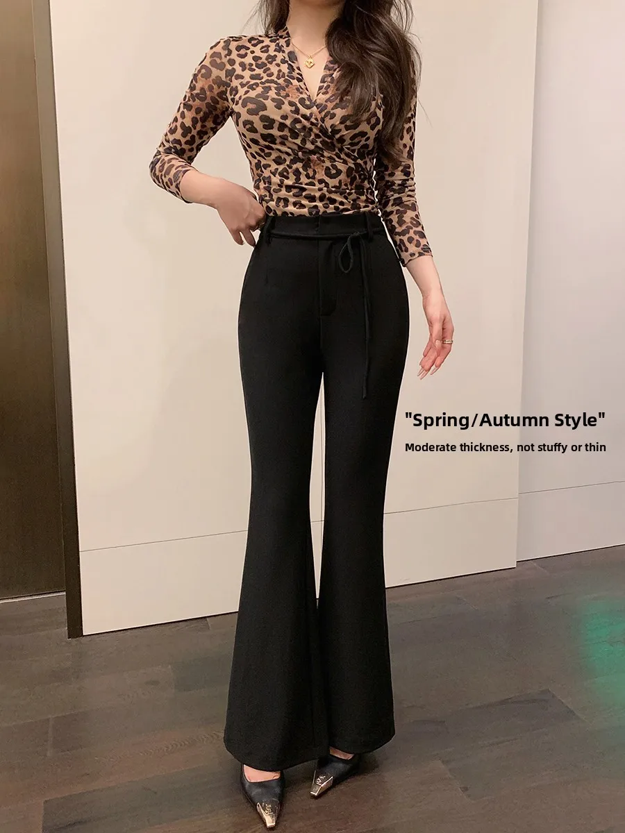 

Женские повседневные брюки клеш с высокой талией, весенние длинные брюки, стройнящие брюки-костюм, для работы, простые однотонные, на молнии, с завязками