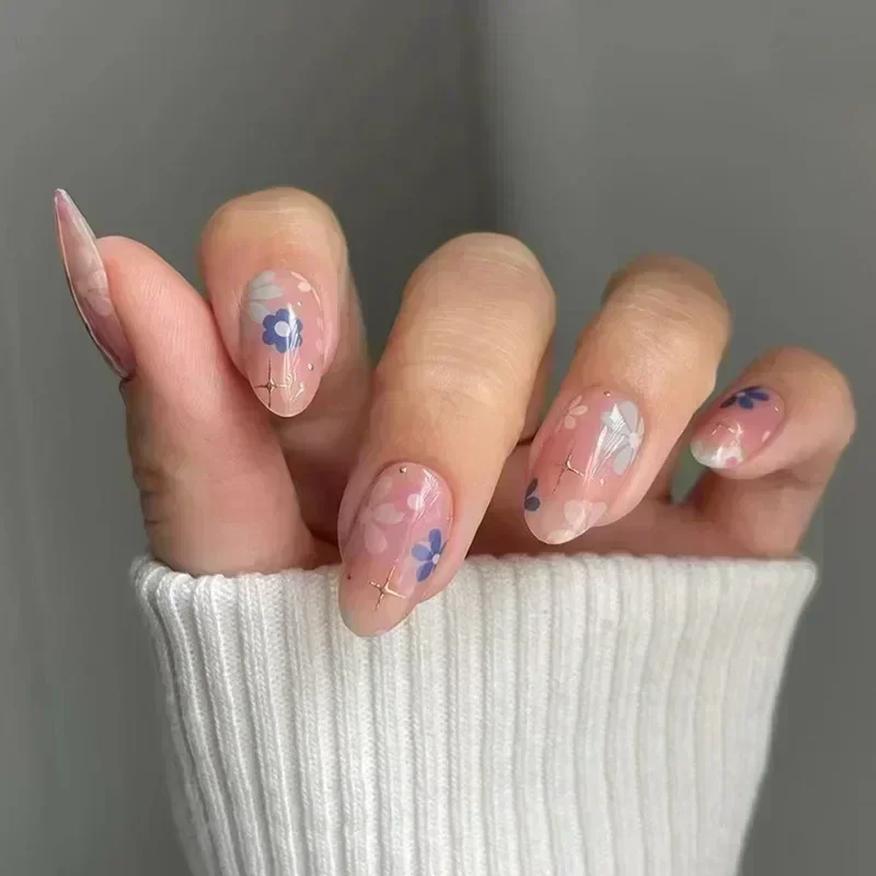 24 قطعة من ضغط اللوز على الأظافر، أظافر صناعية على شكل زهرة يمكن ارتداؤها، أظافر لاصقة، أظافر صناعية، ملصقات أظافر زائفة