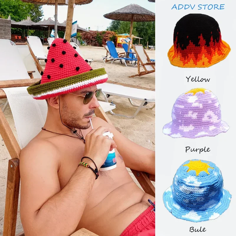 

Summer Paternity Watermelon Hat Hand Woven Pointed Watermelon Hat Men and Women Creative Large Brim Sun Protection Fruit Hat