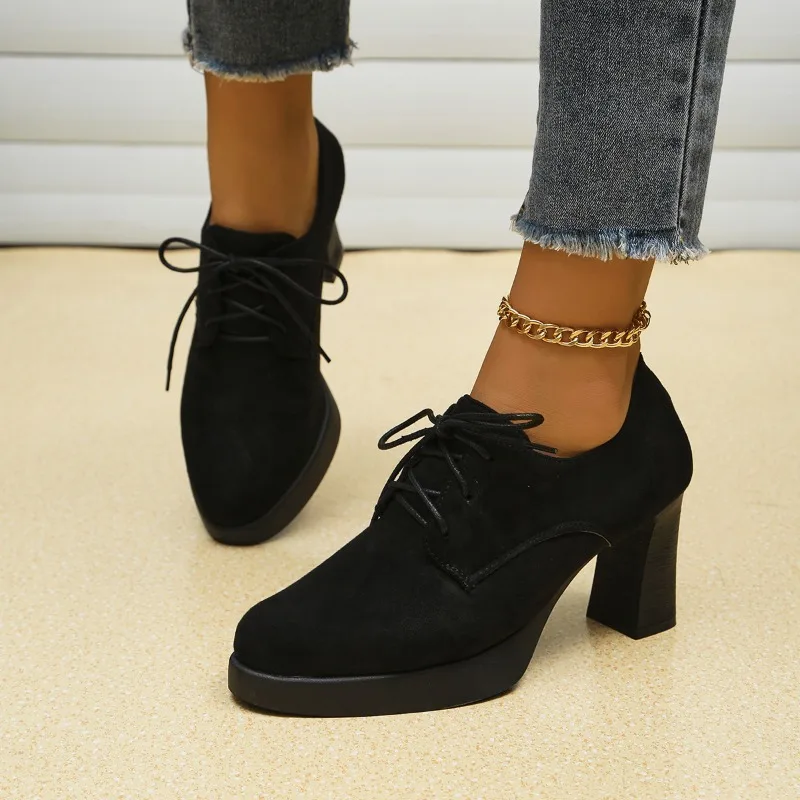 Retro Women\'s Lace Up High Heels Square Heel Round Toe High Heels Oxford Autumn Low Top Fashion High Heel Student Shoes