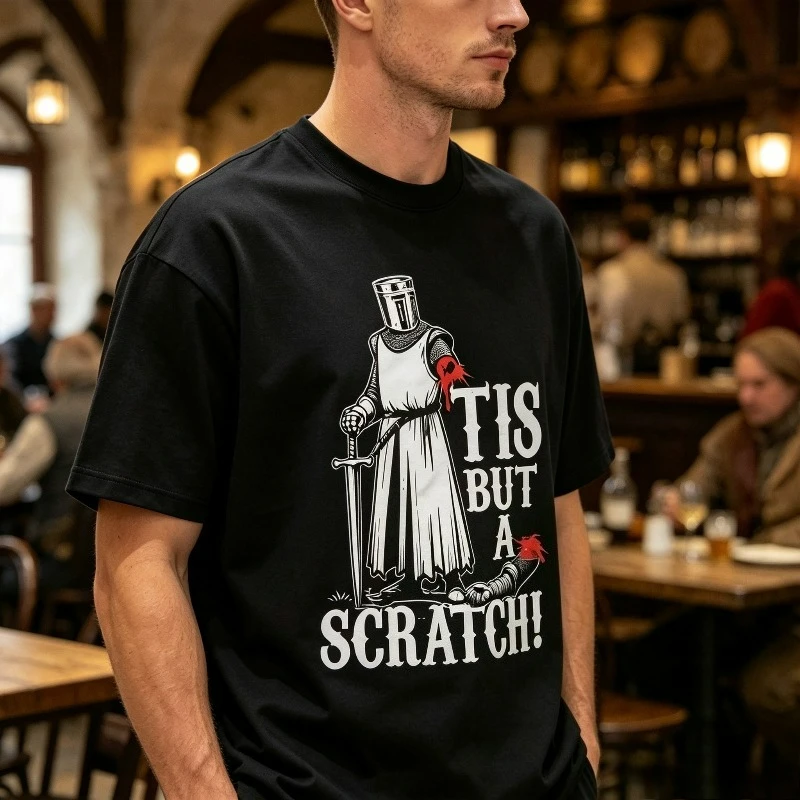 Tis But A Scratch Knight Men T‑Shirt,100% Cotton,Funny Medieval Knight Graphic Tee,Streetwear Casual Movie Party Daily Top