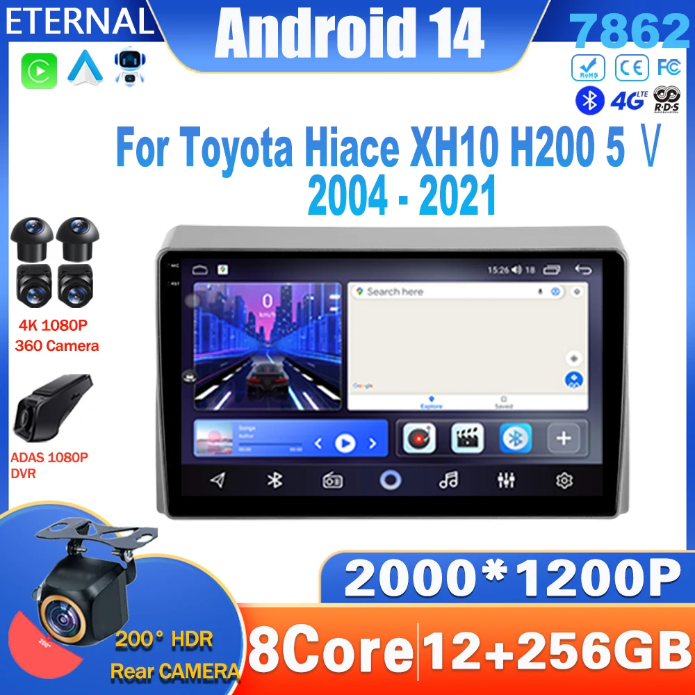 Android 14 Car Radio For Toyota Hiace XH10 H200 5 Ⅴ 2004 - 2021 Multimedia Video Player Navigation Carplay Head Unit 4G NO 2Din