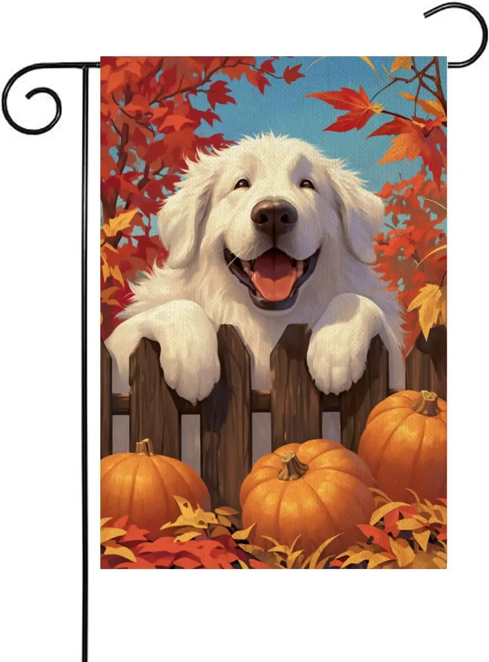 Great Pyrenees Fall Garden Flag 12x18 Double Sided, Burlap Small Pumpkin Fence Autumn Leaves Garden Yard House Flags Outside KZA