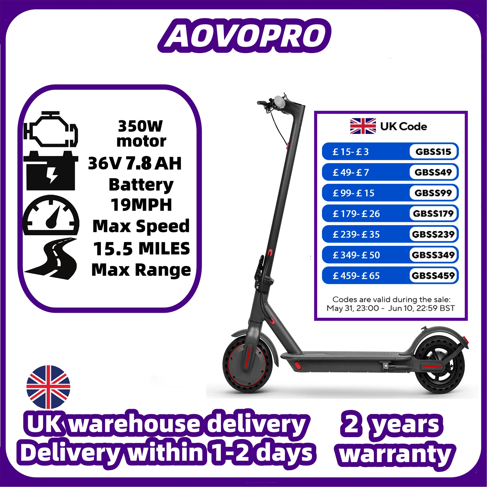 AOVOPRO Adult Electric Scooter 36V 7.8AH Battery 350W Powerful Motor Maximum Speed: 19 mph miles App Control Supported 8.5-inch