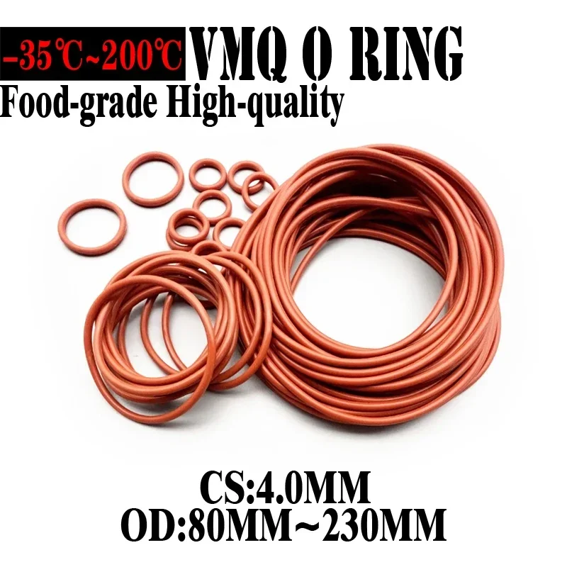 20pcs VMQ O Ring Seal Gasket Thickness CS 4mm OD 80 ~ 230mm Silicone Rubber Insulated Waterproof Washer Round Shape Nontoxic Red