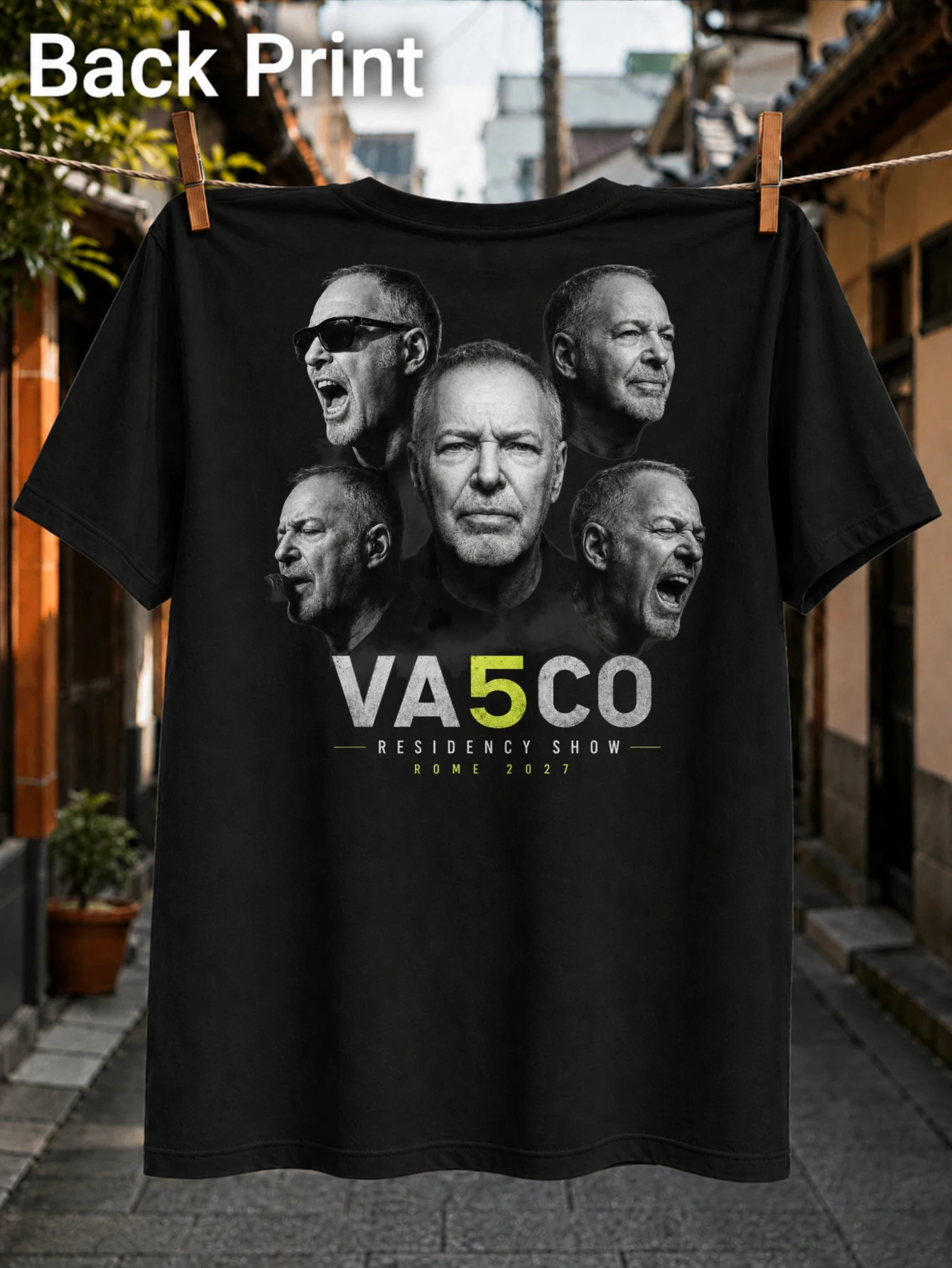 VASCO Residency Show with layered grayscale portraits lime 5 in VA5CO text Rome 2027 and concert  Unisex All T-Shirt