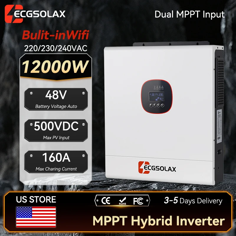 ECGSOLAX 12KW Hybrid Solar Inverter 48V 230Vac With Dual MPPT 160A Charger Pure Sine Wave Off-grid Hybrid Inverter Max PV 500VDC