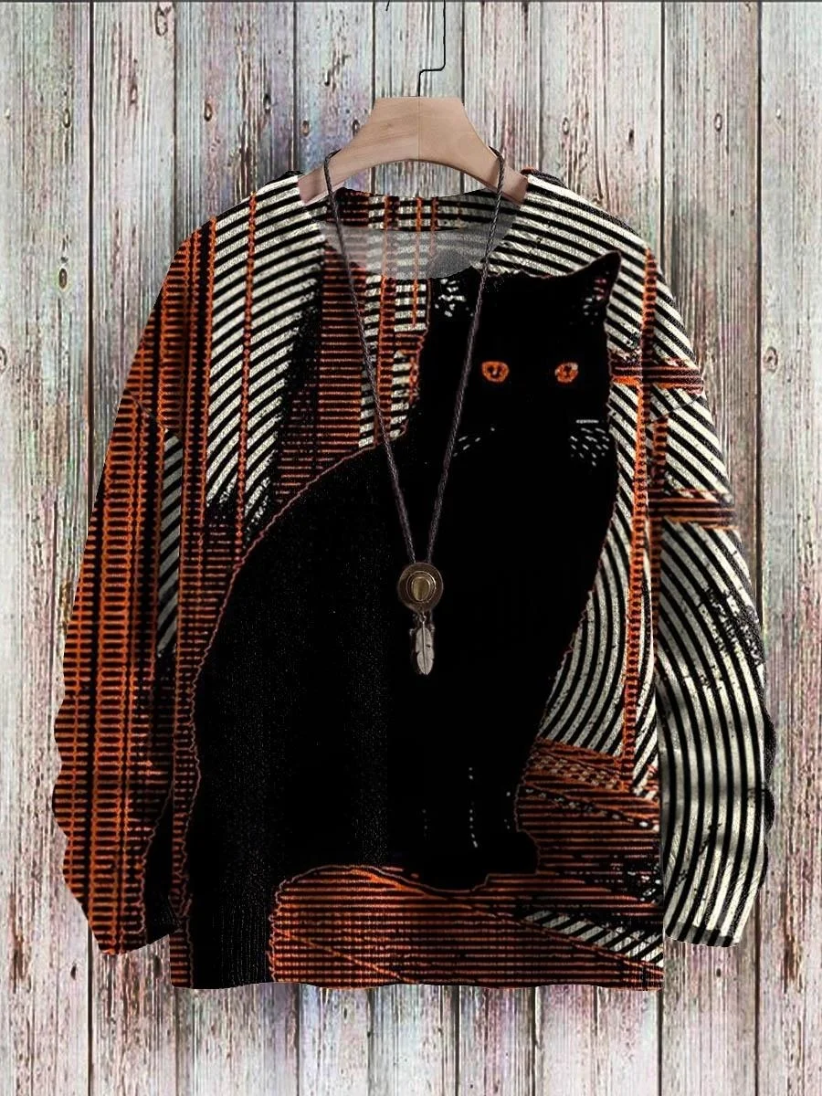 Halloween-Schloss, schwarze Katze, Geist, Retro-Kunst, 3D-Druck, Herren-Strickpullover, Winter, Unisex, lässiger Strickpullover. – Detail 2