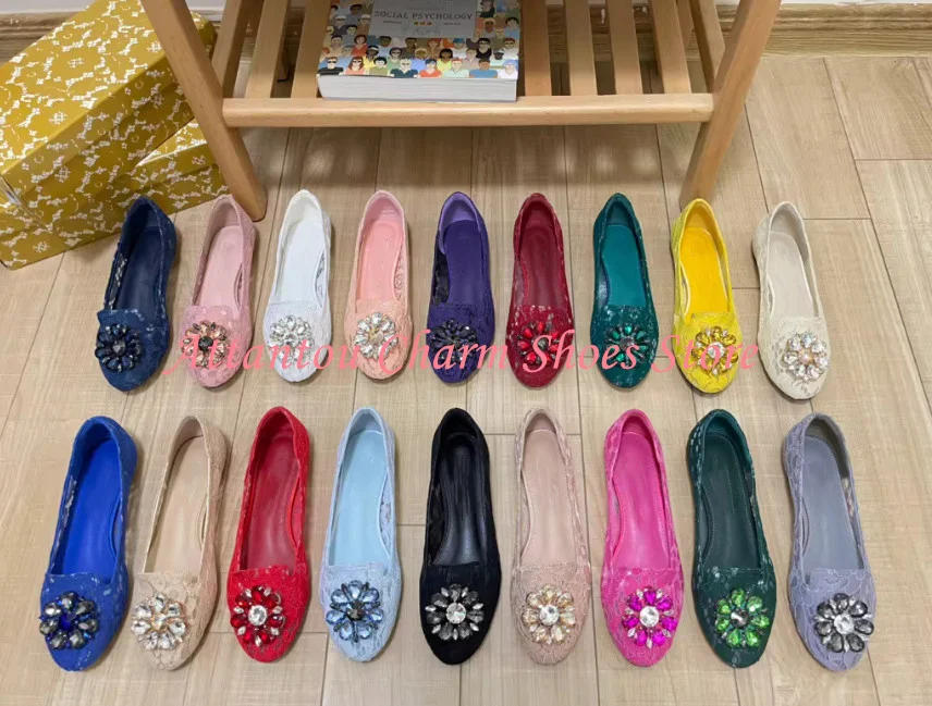 New Round Toe Crystal Flower Decor Lady Flat Shoes Fashion Lace Rhinestone Slip-on Casual Shoes Woman Dress Office Shoes view 3