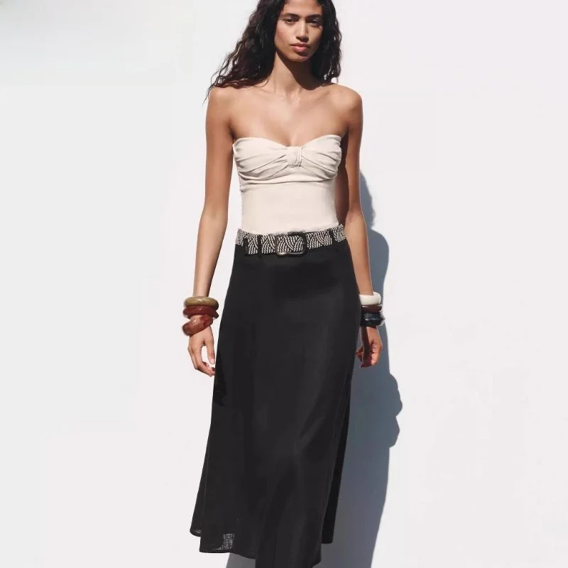 

Новинка 2025, летняя женская юбка-миди с поясом, смешанная льняная юбка трапециевидной формы длиной f, облегающая юбка с высокой талией, средней длины, цвет