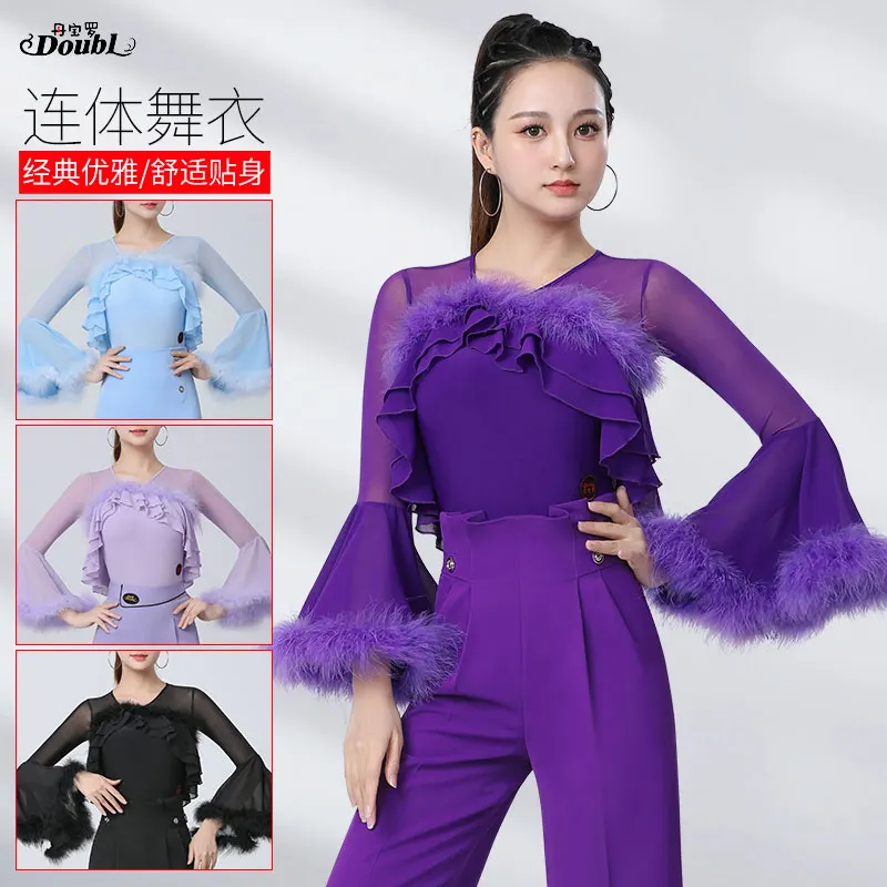 Doubl Moden Dance new Female Blouse Ostrich Hair Horn Sleeve High-end Brand Duo Dance Clothing Ballroom Dress