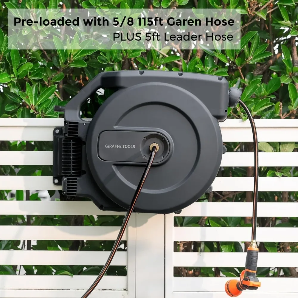 

AW505/8 Retractable Garden Hose Reel 5/8" x 115+5 ft, Heavy Duty Wall Mounted Water Hose Reel Automatic Rewind, 180 Deg Swivel