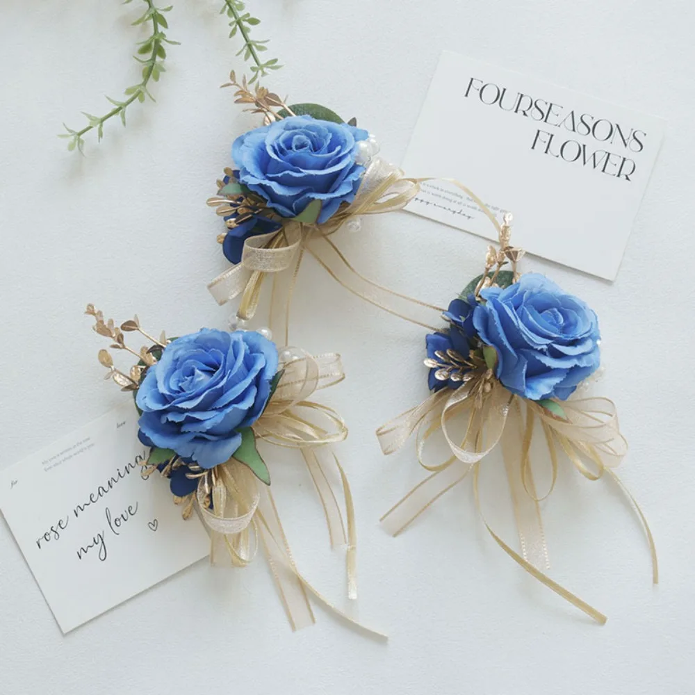 Синяя шелковая роза, искусственные цветы, мужская бутоньерка для жениха, лента для подружки невесты, наручный корсаж, бутоньерка для свадьбы
