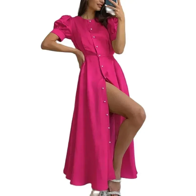 

Solid Color Pearl Single-breasted Cardigan Dresses Women Princess Short Sleeve Dress Summer Female High Waist Pleated Hem Frock