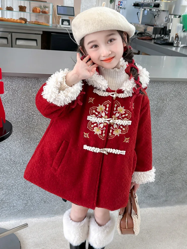 Girls' Red Thick Winter Clothes New Year's Clothing Children's Warm Cotton Coat Female Baby Outerwear Chinese Style Hooded Hanfu