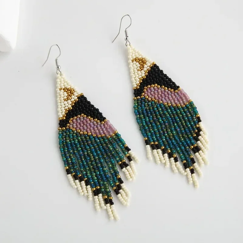 Rice bead earrings Tassel landscape View Moon Design Hand knitting Bohemia Alloy Fashion Simple Beaded earrings image 4