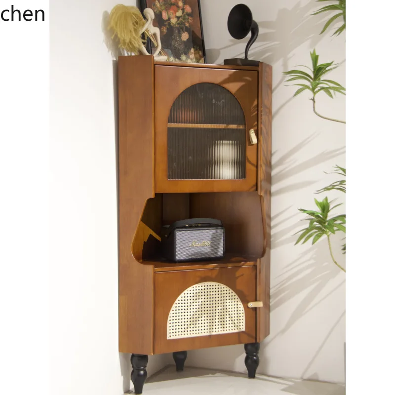 LXC Retro Solid Wood Rattan Corner Cabinet Storage Rack Corner Wine Cabinet Corner Triangle Cabinet