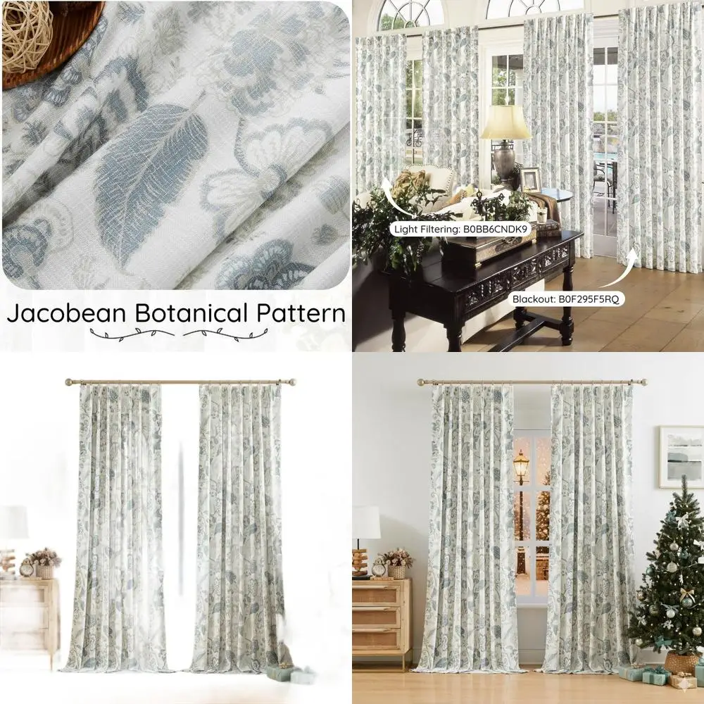 

Vintage Blue Grey Boho Leaf Print Blackout Curtains, 40x90, 2 Panels, Thermal Insulated for Bedroom