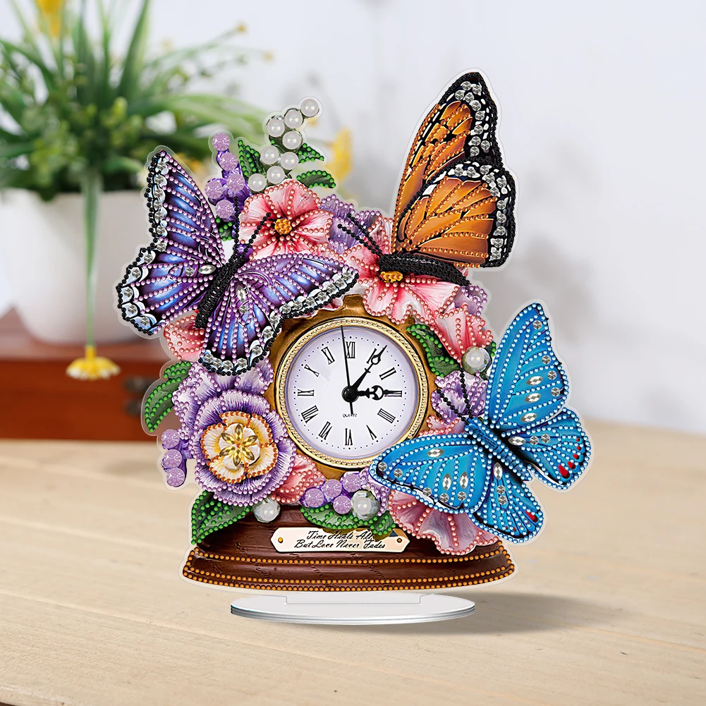 

Tabletop Butterfly Clock Diamond Art Kits for Adults DIY Special Shaped Bread Food Diamond Painting Desk Placement Ornament Kits
