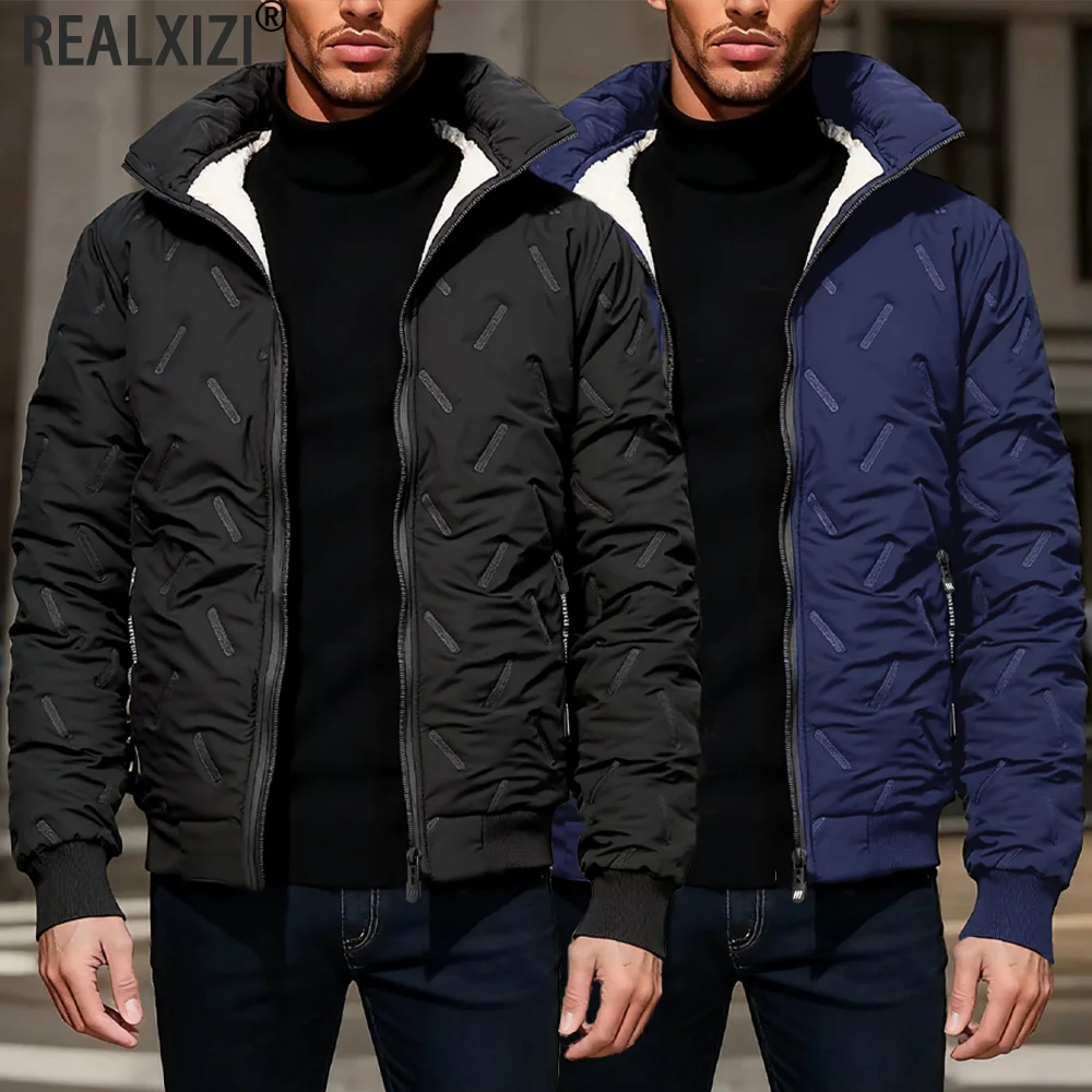 

Зимняя мужская куртка на молнии с воротником-стойкой, мужская повседневная теплая утолщенная куртка на флисовой подкладке, уличная мужская ветрозащитная теплая куртка
