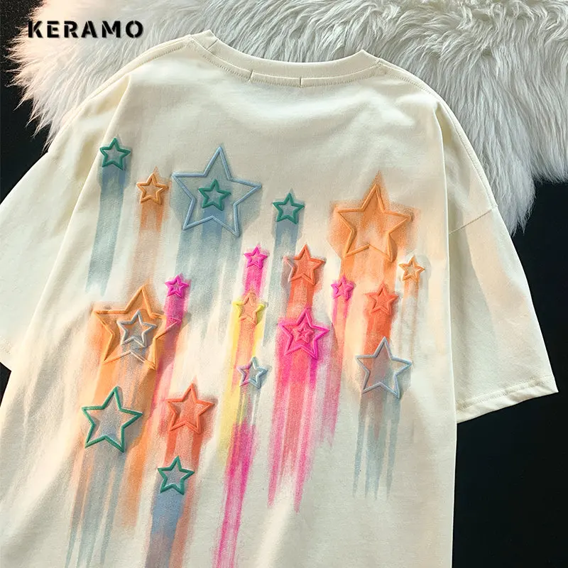 

2023 Summer Casual Stars Appliques Short Sleeve Round Neck Loose T-Shirts Women Fashion Oversized Y2K Streetwear Baggy Tees Tops