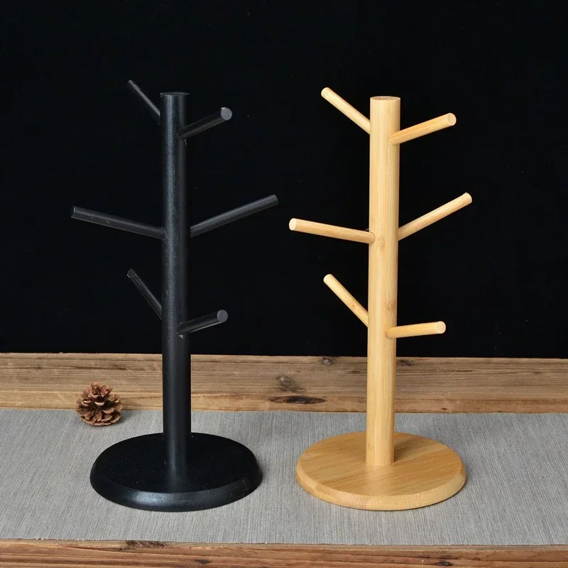 

Bamboo mug cup holder display rack, beverage container shelf, wood-shaped wooden coffee tea cup storage stand, 6 hooks.