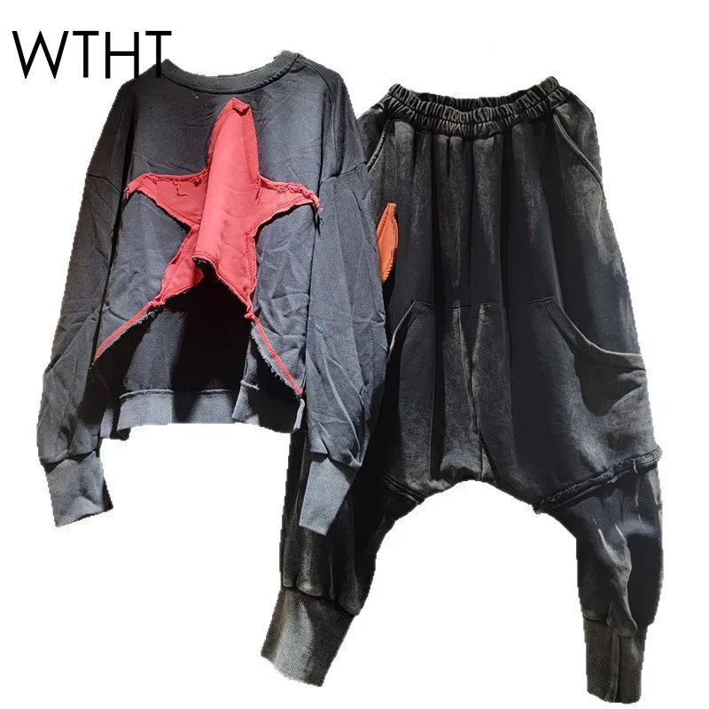 

WTHT модная женская толстовка с длинными рукавами и лоскутным узором, осень 2022, свободные брюки с эластичной резинкой на талии, женские 1LS2467