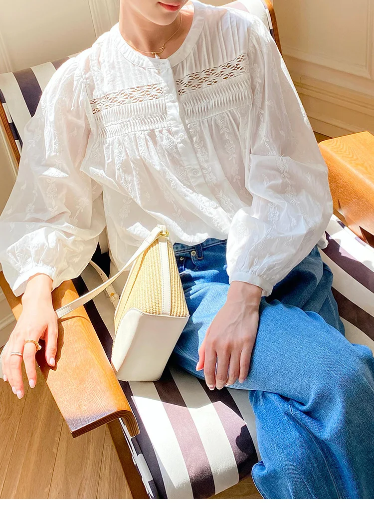 Chemisier ample et Chic brodé de fleurs pour femmes, chemise blanche en coton, col rond, manches longues lanterne, Sexy, décontracté, haut pour dames, nouvelle collection printemps automne