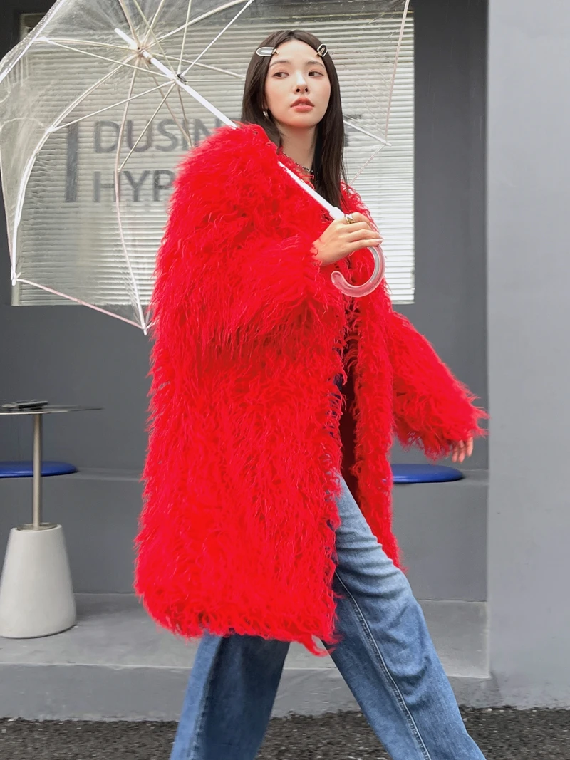 Autumn and Winter New Niche Fur Red Coat Imitated Sheep Long Green Shirt